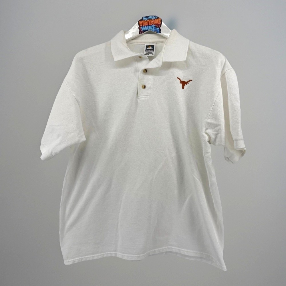 Vintage 90s Texas Longhorns Polo Shirt Mens L White Cotton Deluxe Embroidered UT